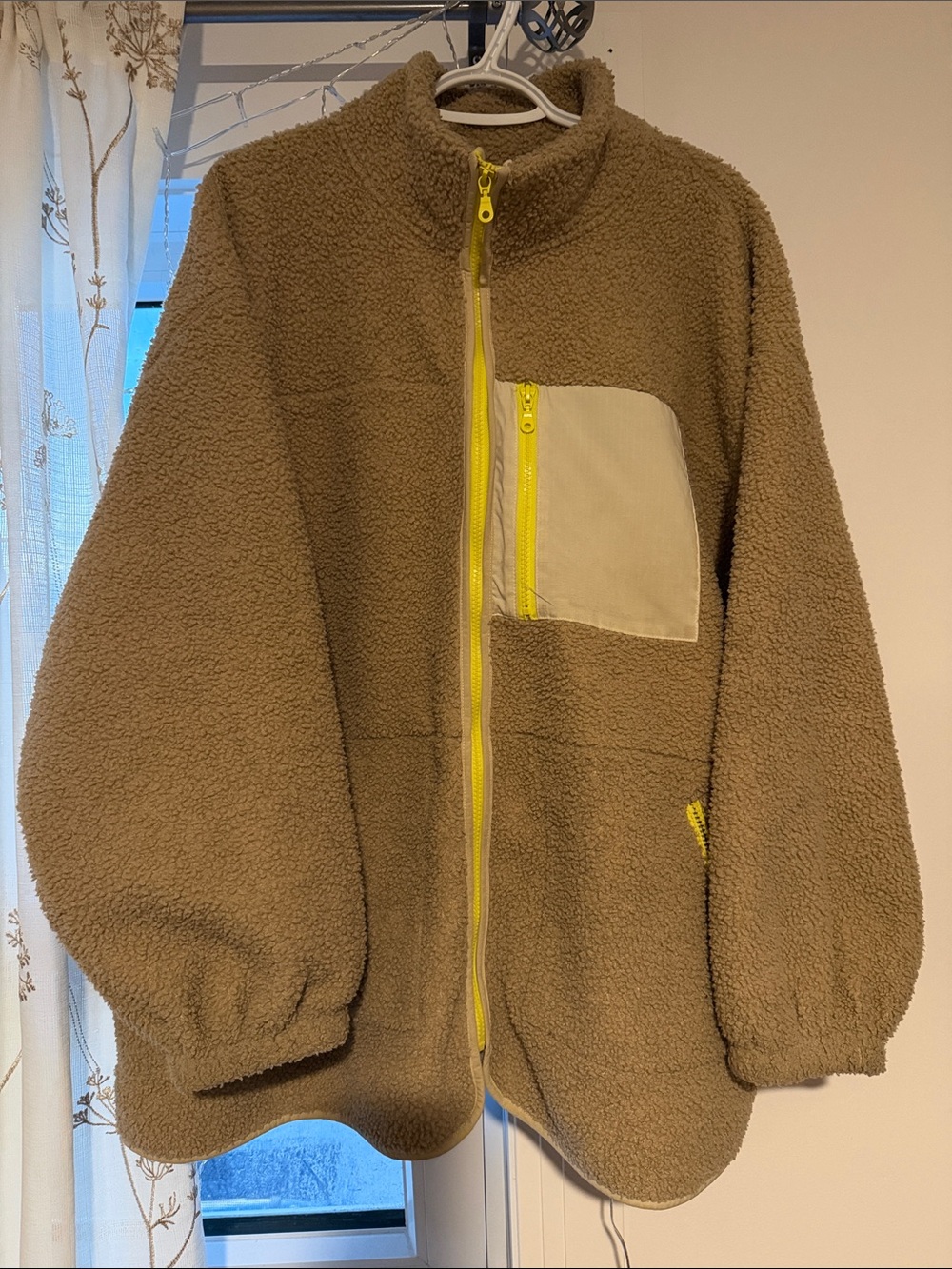 Universal Thread Tan Sherpa Puffer Jacket with Yellow Trim